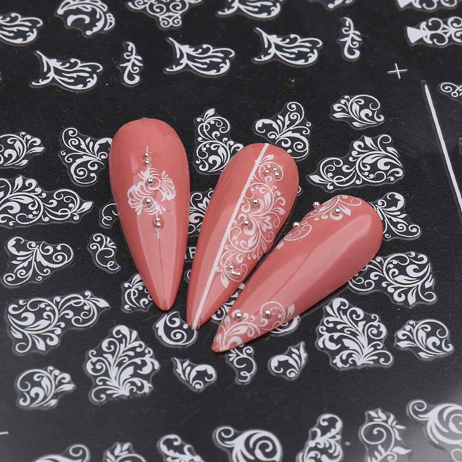 12 Design 3D Nail Stickers Dekaler Vita Svarta Spetsblommor - 24 Timmar Deals
