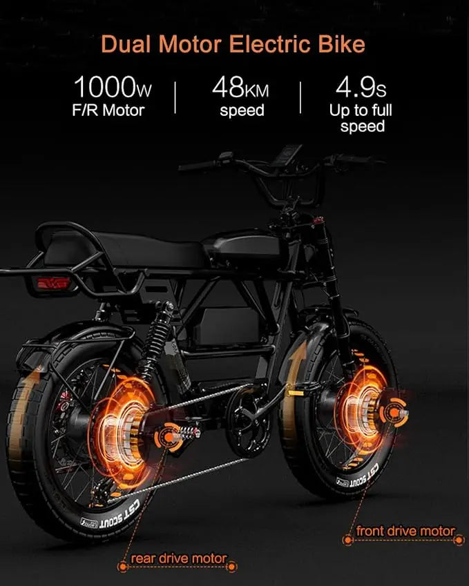 Ebike 2000W 48V 45Ah, 35 MPH Dual Motor Dual Battery, 20 Fat Tire Full Suspension, Upp till 173Miles - 24 Timmar Deals