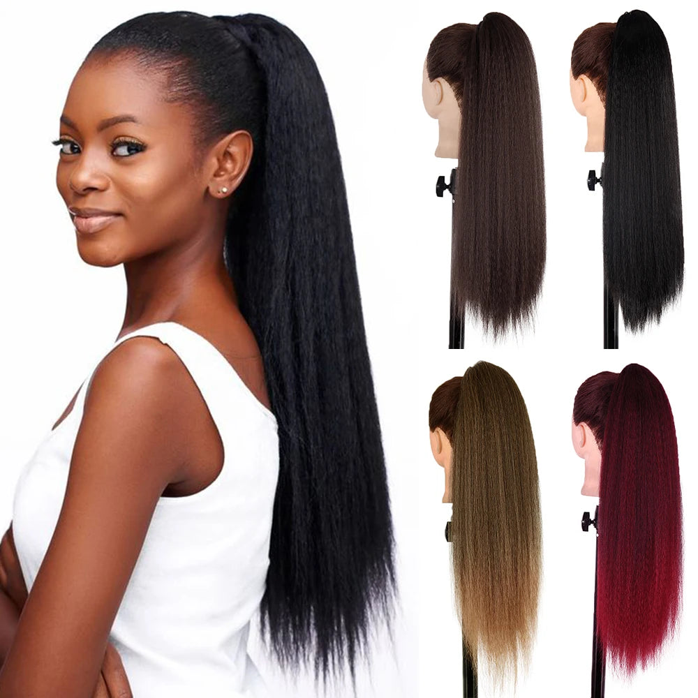 Syntetiska Långa Afro Yaki Rak Hästsvans Hårstycken Med Elastiskt Band Dragsko