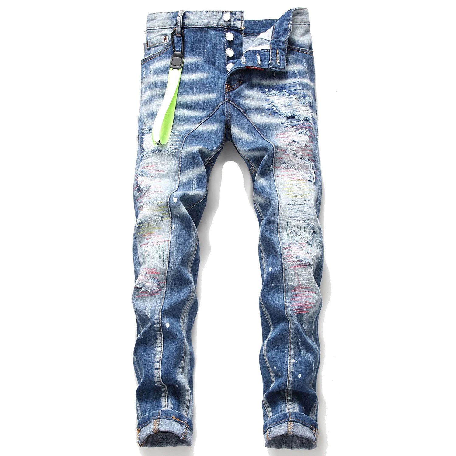 Slim fit sömmar för män, blå jeansbyxor av hög kvalitet, vitt bläckstänk, repor - 24 Timmar Deals
