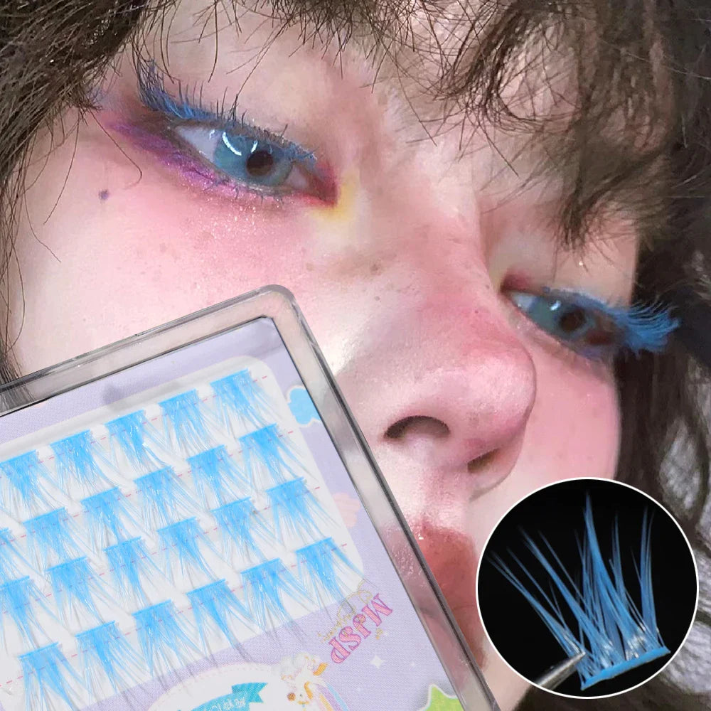 Colorful Bundles Individual Lashes White Blue Fluffy Eyelash Extension Natural Faux Mink Lash DIY Cluster False Eyelashes Makeup - 24 Timmar Deals