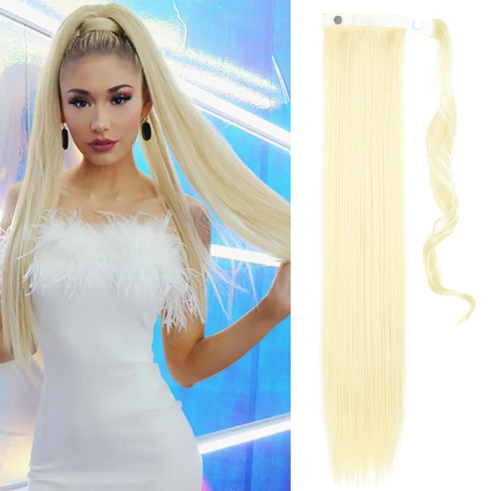 Syntetisk lång rak omlott klämma i hästsvans hårförlängning - 24 Timmar Deals