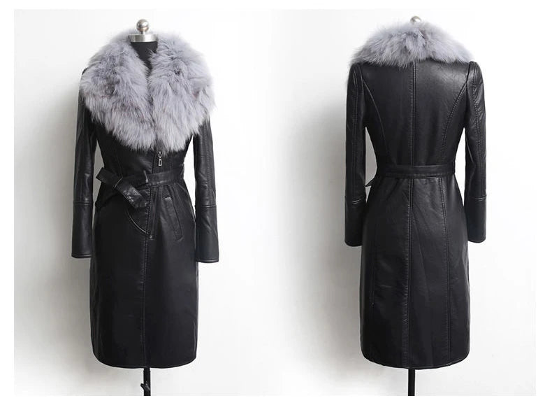 Vinter fuskpälskrage Läder Långa lösa kappor Kappa Damjacka - 24 Timmar Deals