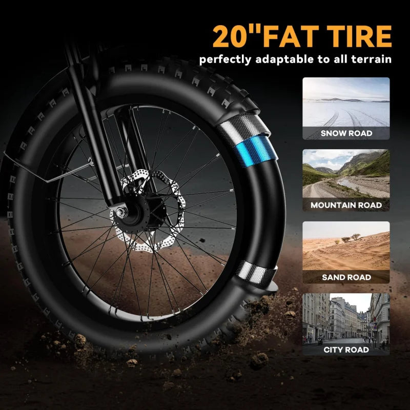 1000W hopfällbar, 48V 20AH stort löstagbart batteri E, 30 MPH, 80 Miles Max räckvidd, 20" Fat Tire Elcykel - 24 Timmar Deals