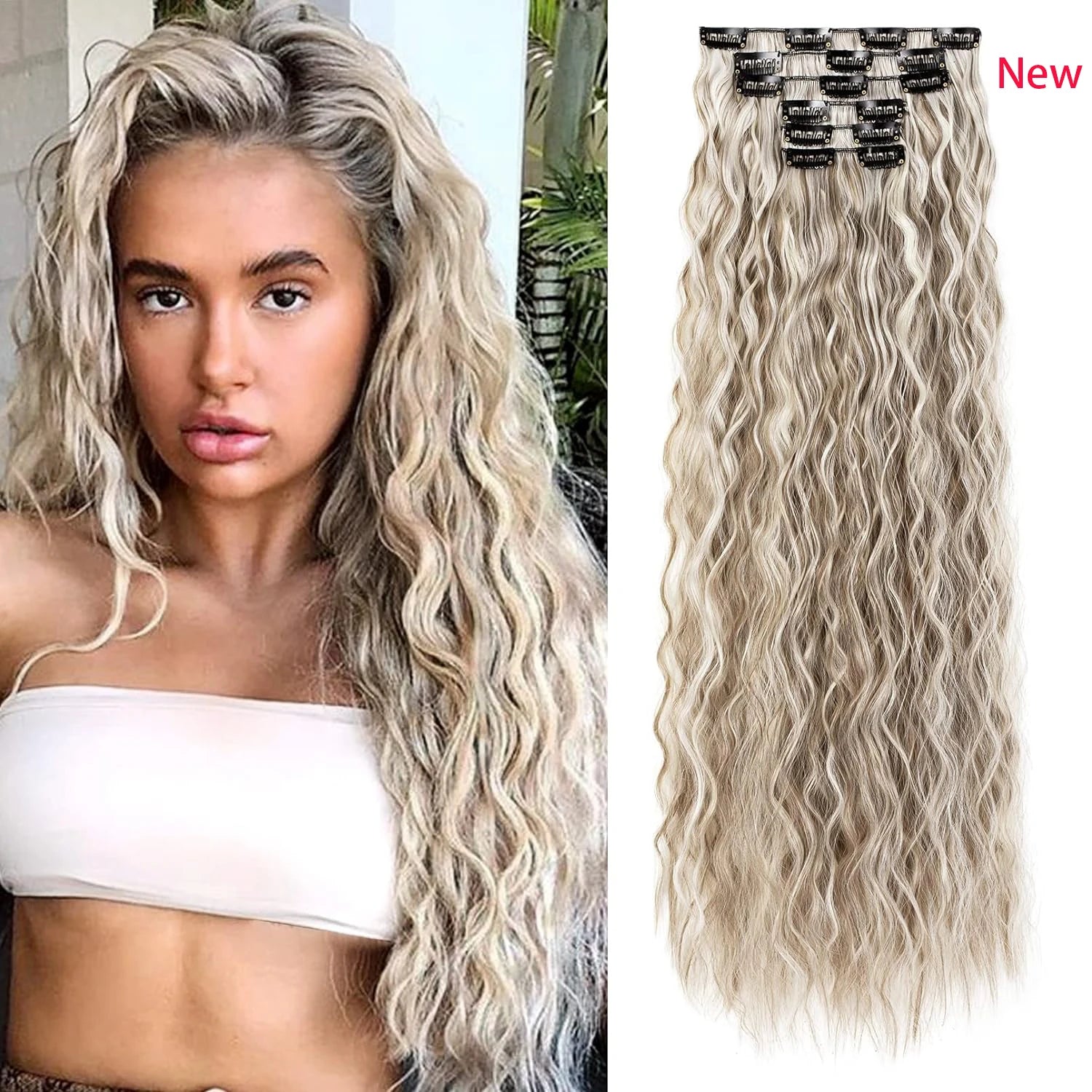 Clip In Hair Extensions 16 CLips 22 Inch Long Water Wave Synthetic Hair - 24 Timmar Deals