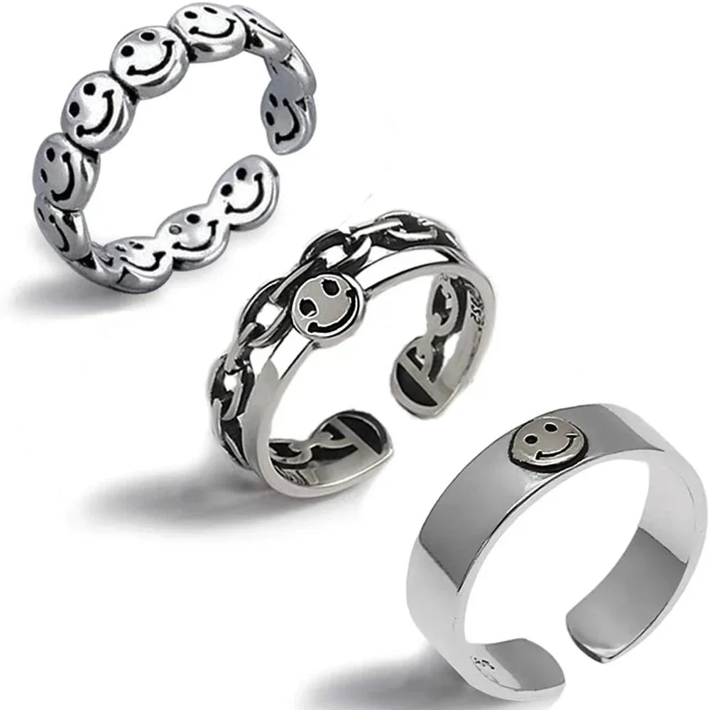 Retro Happy Faces Rings for Men Punk Style Circle Hollow Open Adjustable Smile Ring - 24 Timmar Deals
