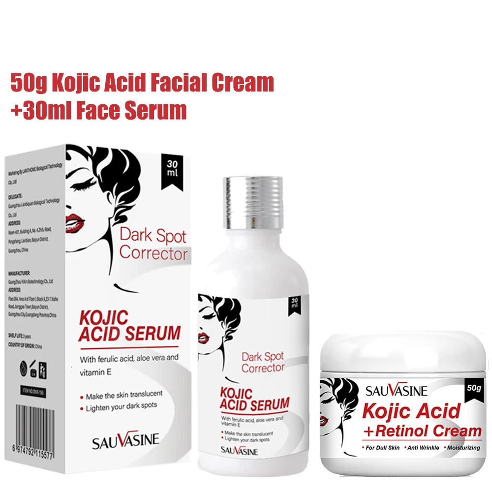 50g Kojic Acid Face Cream + 30ml Facial Serum Fade Dark Spots Brightening Skin Whitening Cream - 24 Timmar Deals