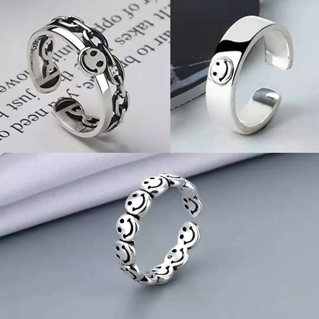 Retro Happy Faces Rings for Men Punk Style Circle Hollow Open Adjustable Smile Ring - 24 Timmar Deals
