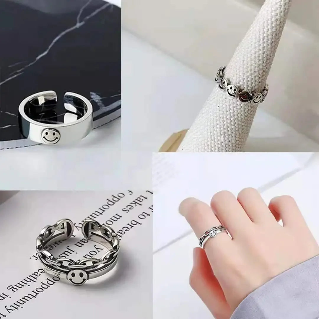 Retro Happy Faces Rings for Men Punk Style Circle Hollow Open Adjustable Smile Ring - 24 Timmar Deals