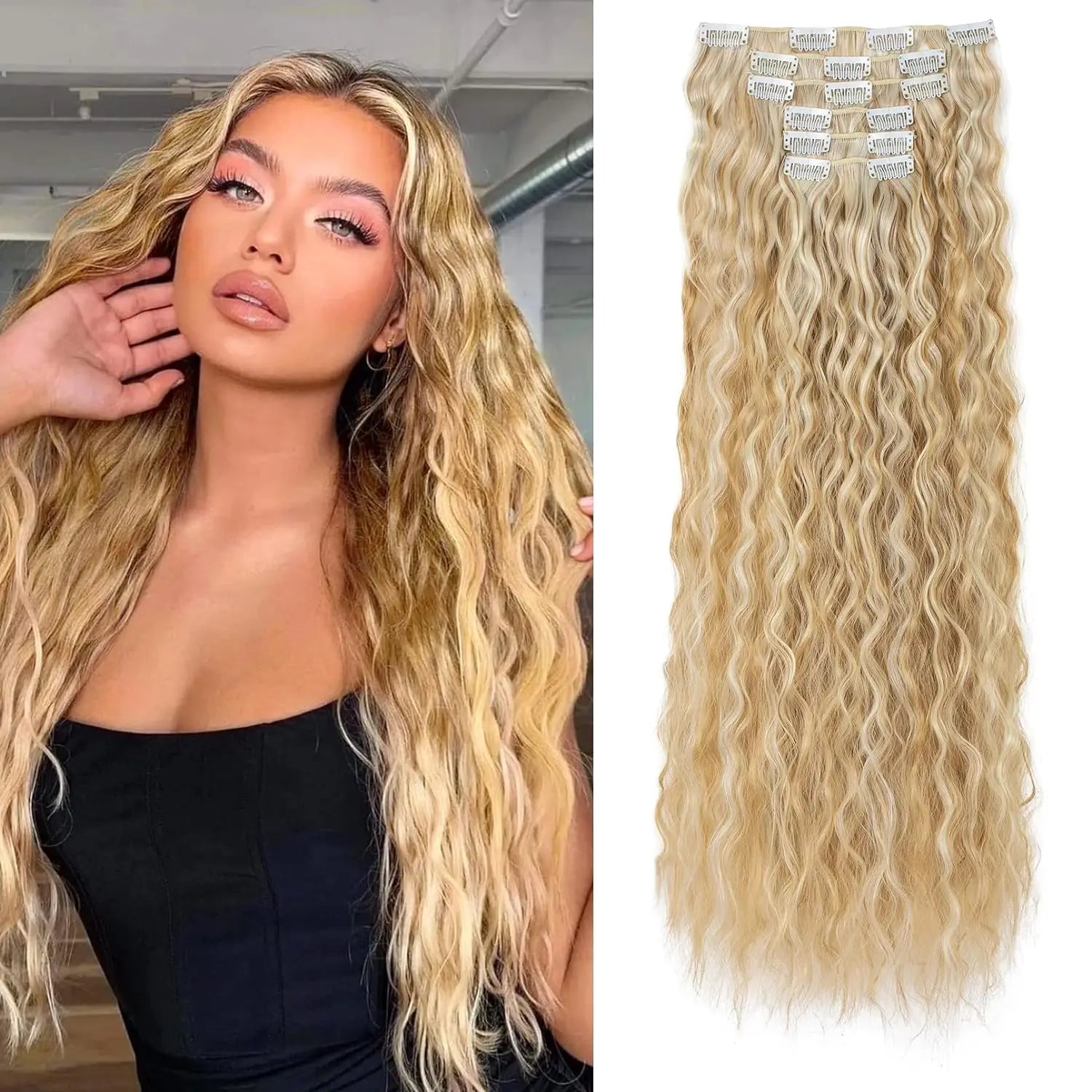 Clip In Hair Extensions 16 CLips 22 Inch Long Water Wave Synthetic Hair - 24 Timmar Deals