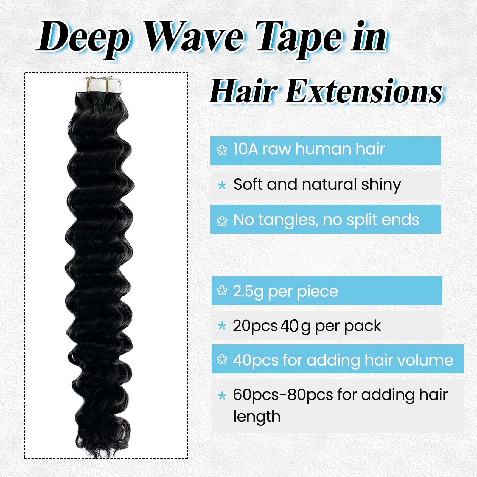 Tape In Human Hair Extensions Curly 100% Real Human Hair Extensions 26Inch Deep Wave 20st/pack - 24 Timmar Deals