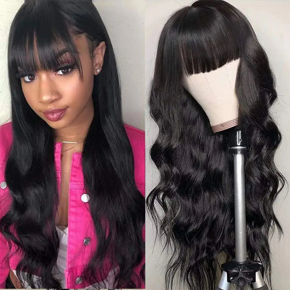 Body Wave människohår peruker med lugg Fringe peruk brasilianskt hår - 24 Timmar Deals