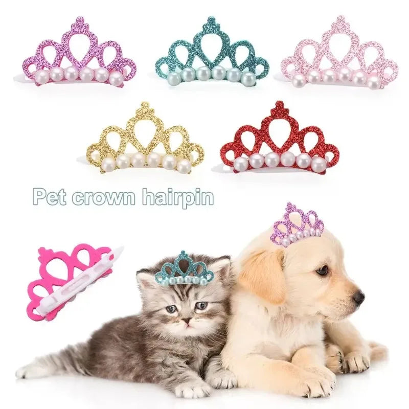 Valp Fake Pearl Crown Bow Hårklämma Söt Pet Head Decoration - 24 Timmar Deals