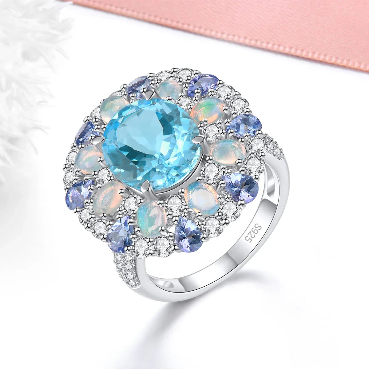 Blå Topaz Sterling Silver Ringar 8 karat Äkta Tananite Opal Multicolor - 24 Timmar Deals