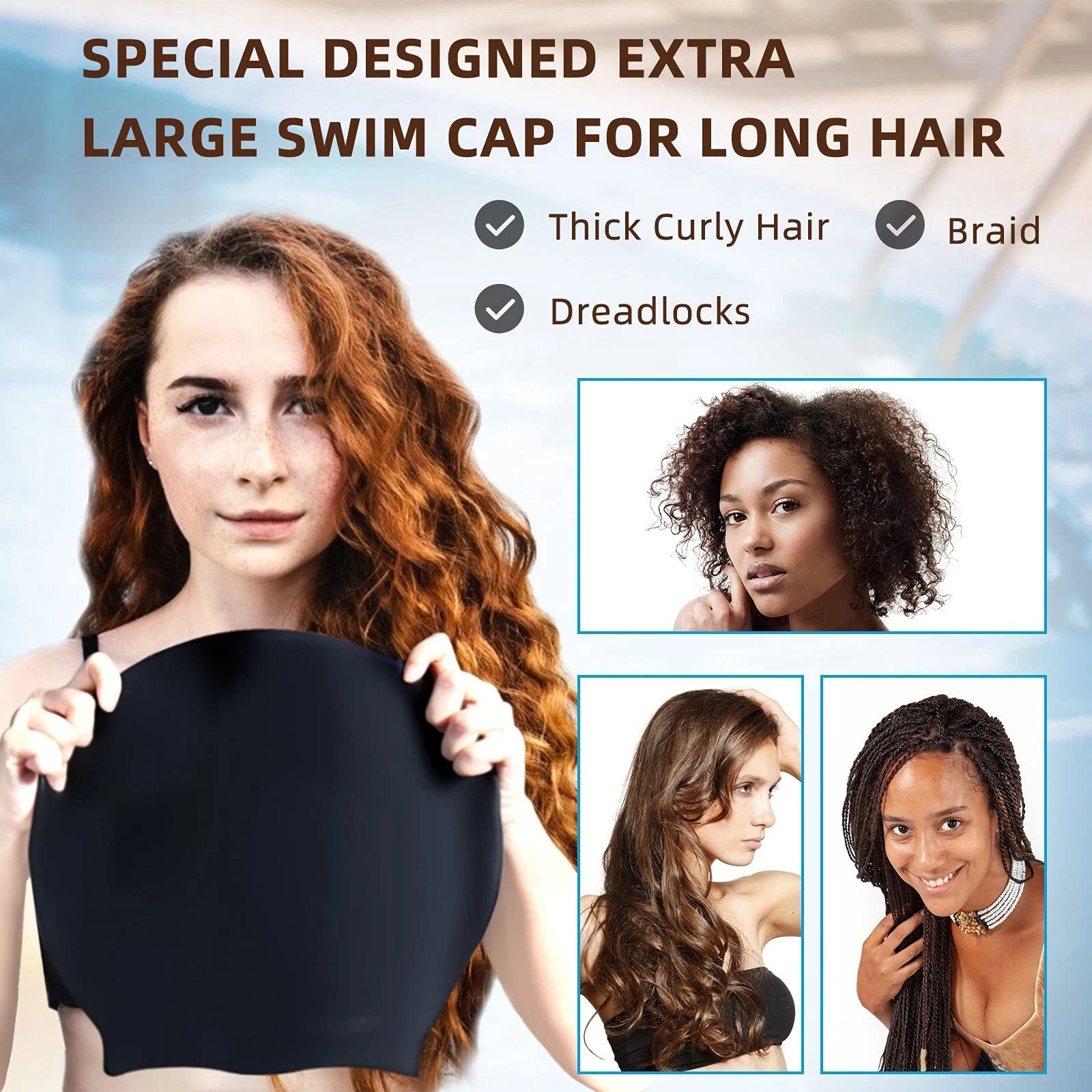 Extra stor badmössa för flätor och dreadlocks förlängningar väver långt hår Vattentät silikonskydd Öron badmössa för vuxna - 24 Timmar Deals