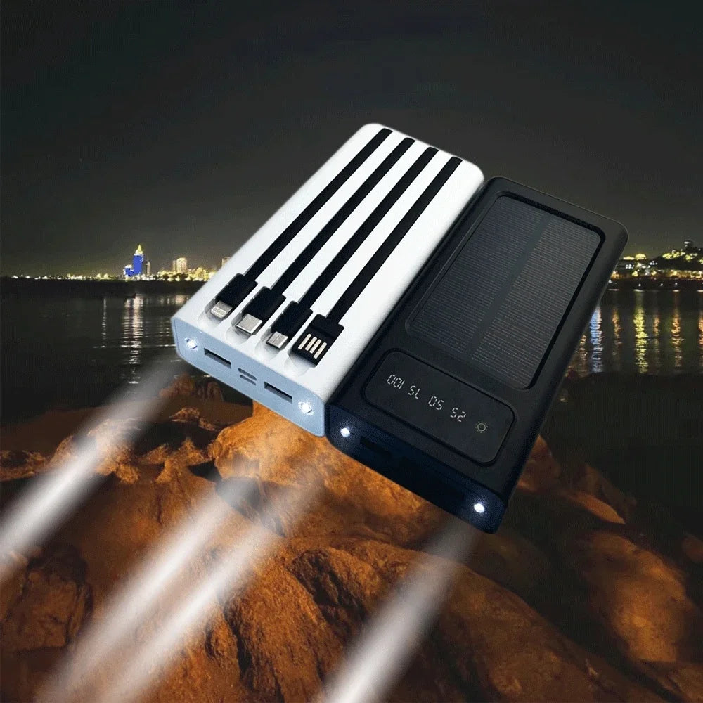 Solar Power Bank Inbyggda kablar 80000mAh Solar Laddare 2 USB-portar Extern Laddare Powerbank Med LED-ljus