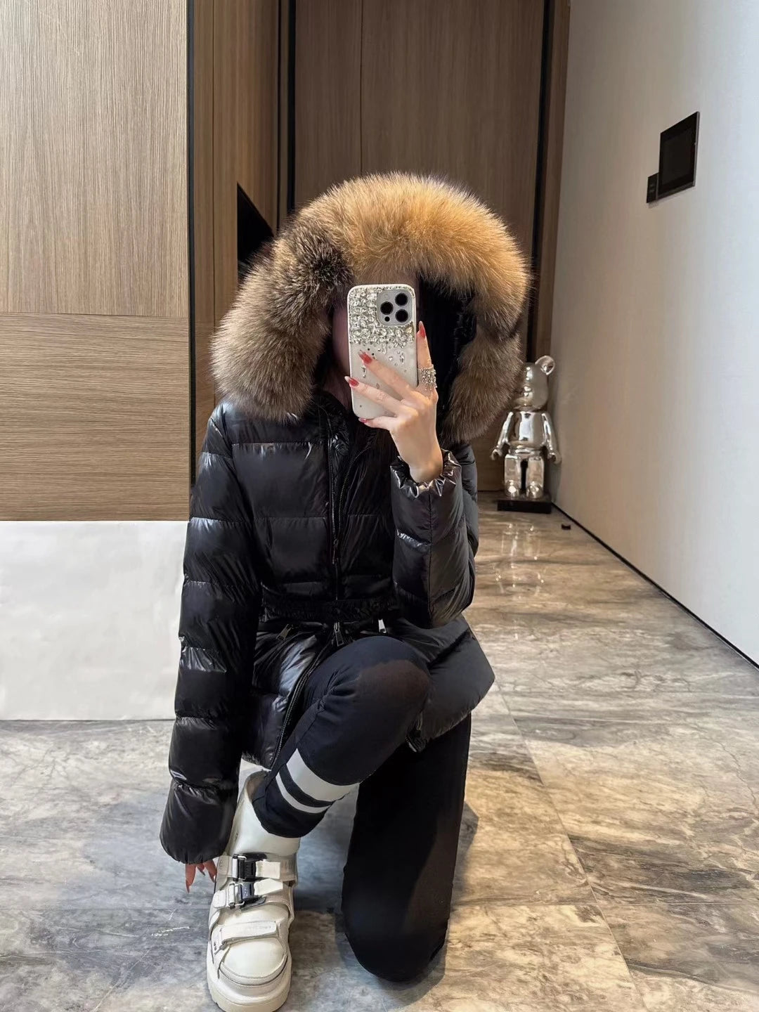 Vinterdunjackor dam 90 % vitt gåsdun+10 % fjädrar 100 % naturlig rävpäls varm fluffig kappa - 24 Timmar Deals