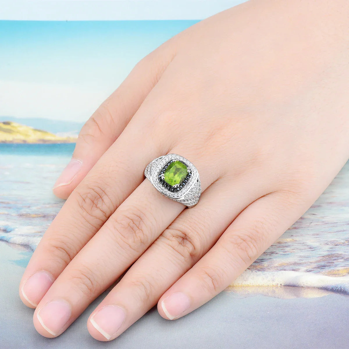Peridot Black Spinel Solid Sterling Silver Ringar Unisex Style 3,2 karat äkta ädelsten - 24 Timmar Deals