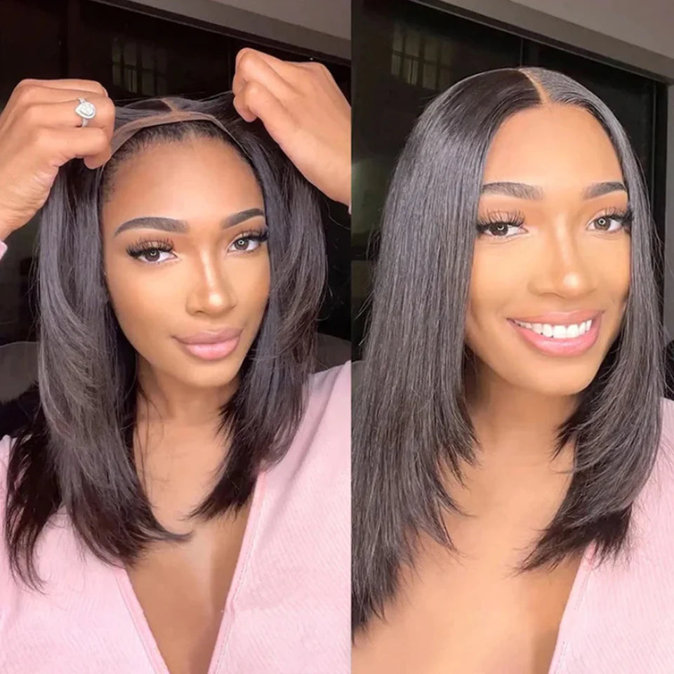 Brasiliansk Remy Layered Lace Front Peruk Mänskligt hår Layered Cut Rak Peruk - 24 Timmar Deals
