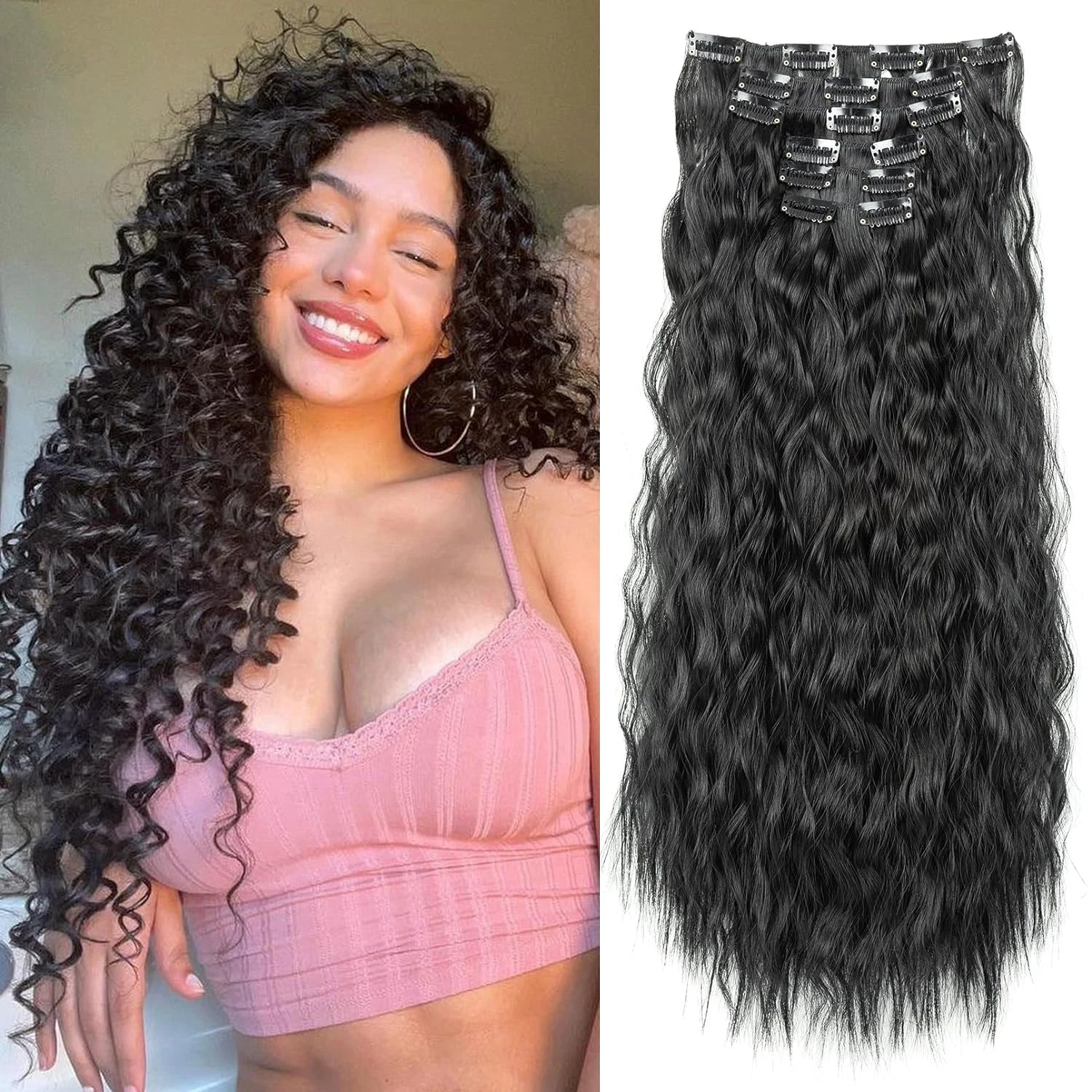 Clip In Hair Extensions 16 CLips 22 Inch Long Water Wave Synthetic Hair - 24 Timmar Deals