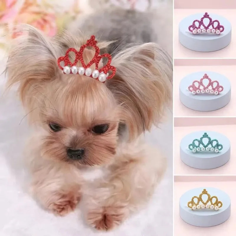 Valp Fake Pearl Crown Bow Hårklämma Söt Pet Head Decoration - 24 Timmar Deals
