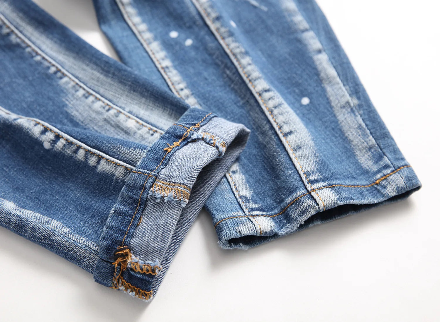Slim fit sömmar för män, blå jeansbyxor av hög kvalitet, vitt bläckstänk, repor - 24 Timmar Deals