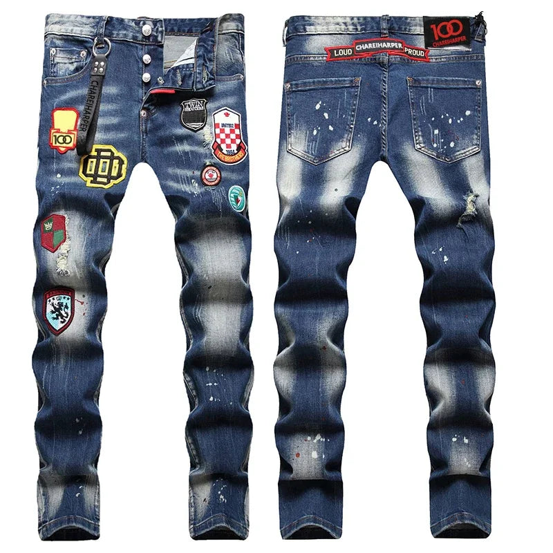 dsq071 Herrjeans Stretchkomplex tvättvatten handmålade - 24 Timmar Deals
