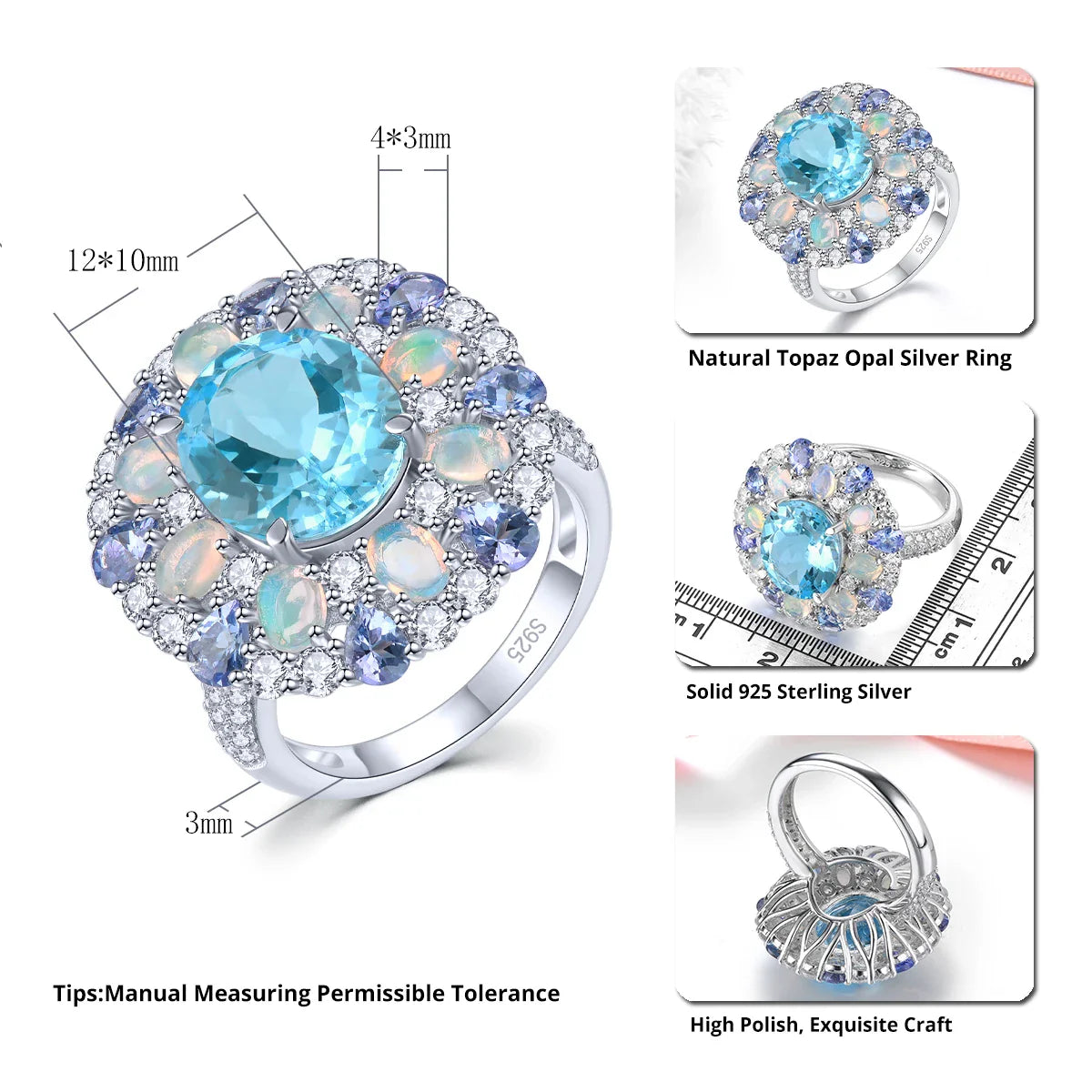 Blå Topaz Sterling Silver Ringar 8 karat Äkta Tananite Opal Multicolor - 24 Timmar Deals