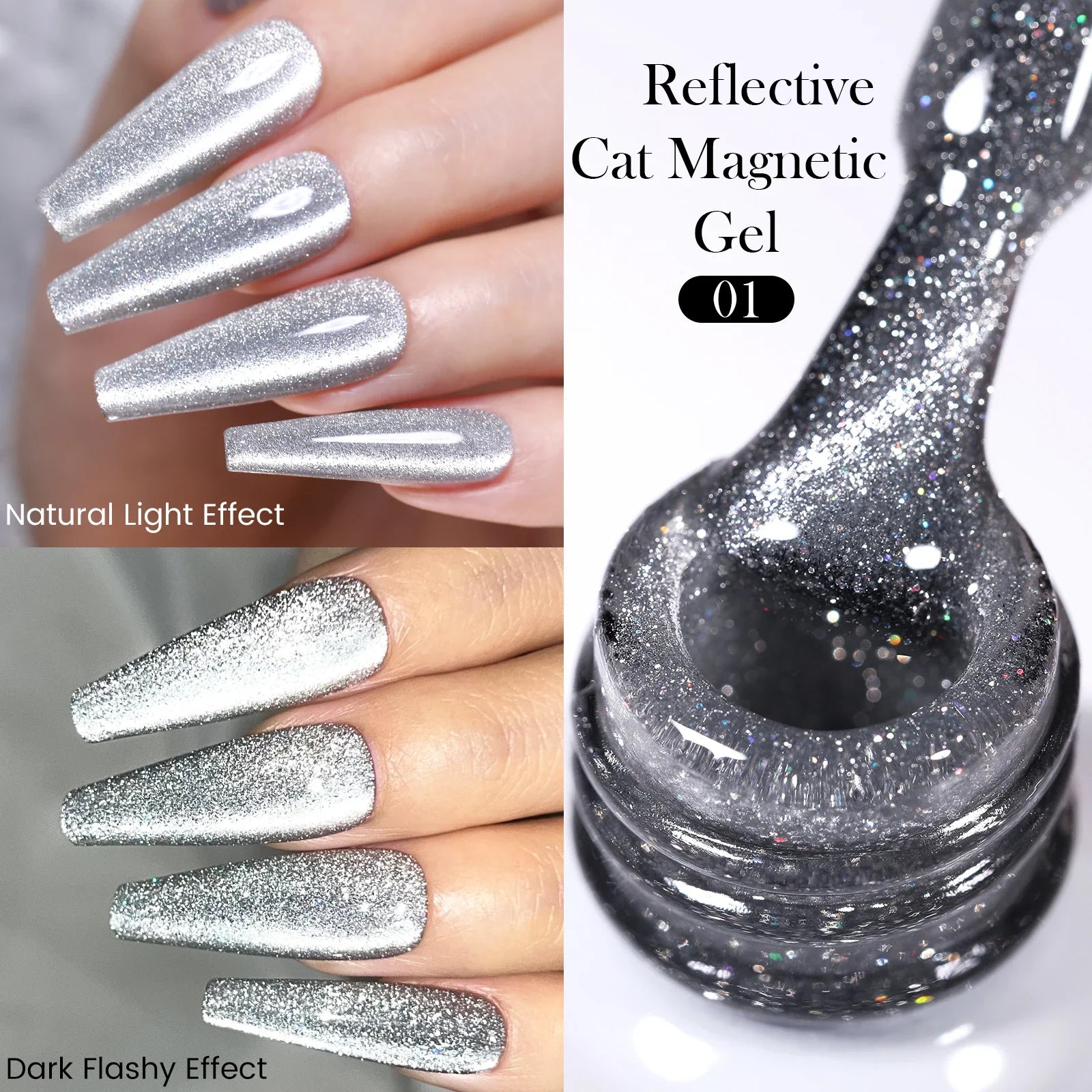 Reflekterande Cat Magnetic Gellack 10ML Silver Shinning Glitter Vernis Semi Permanent Soak Off Magnetic UV Gel - 24 Timmar Deals