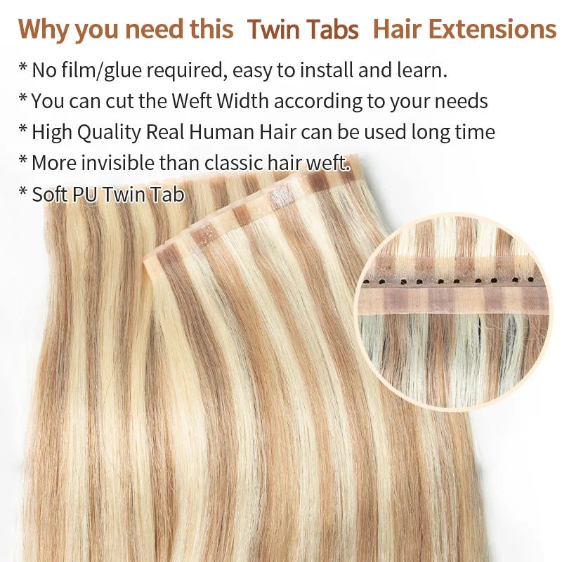 Osynligt hål Platt Pu-tejp Människohårsinslag Twin Tabs 25 cm lång 40-50g - 24 Timmar Deals