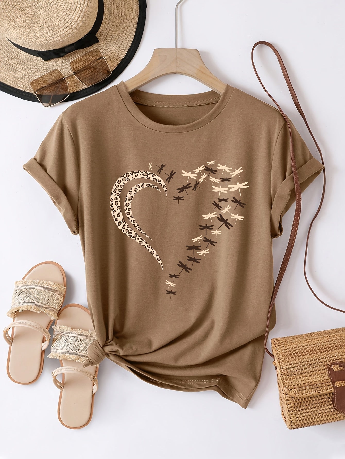Damernas Casual Rundhalsad T-Shirt, Hjärtmönster