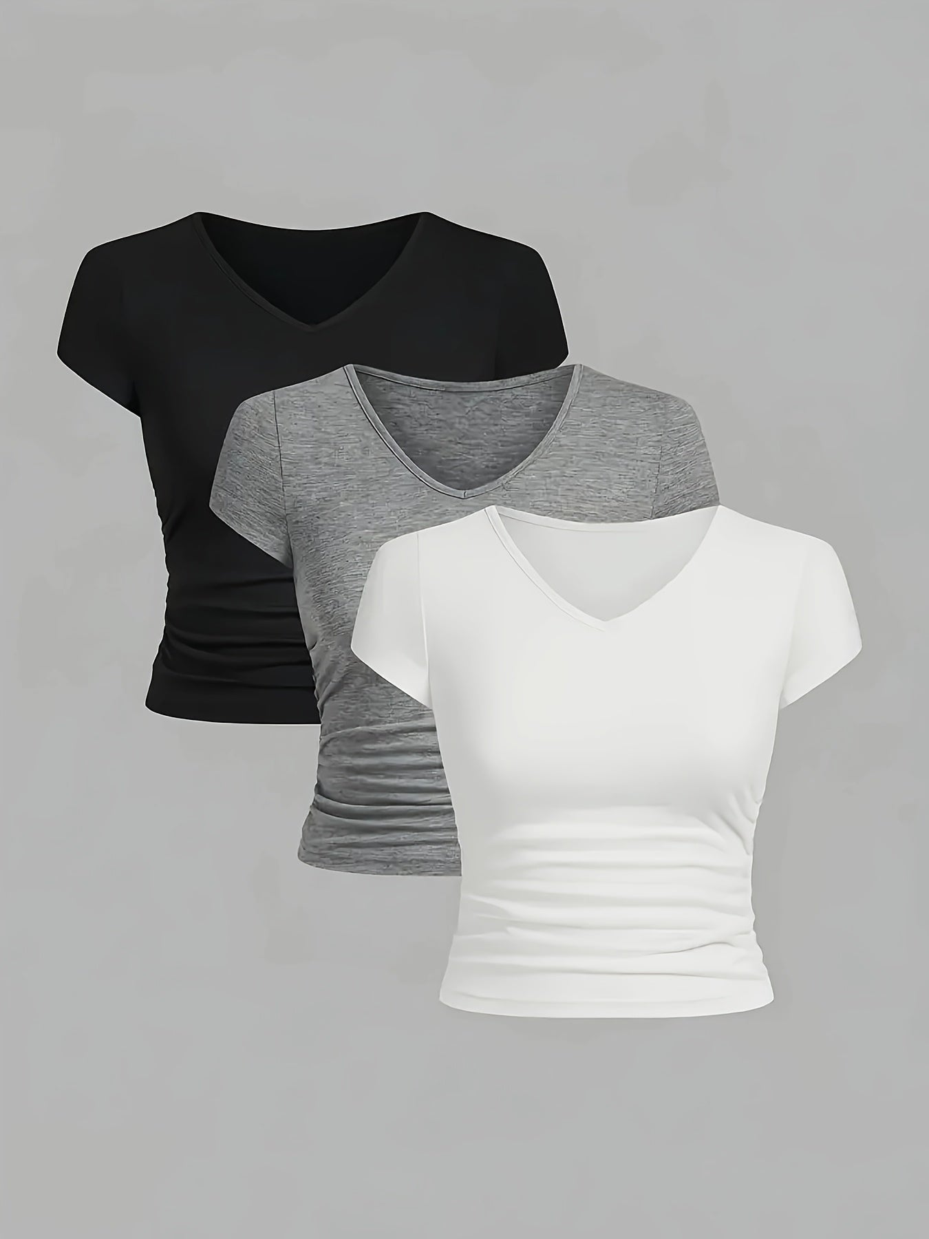 3 st Elegant V-ringad Slim-Fit Croppade T-shirts för Kvinnor